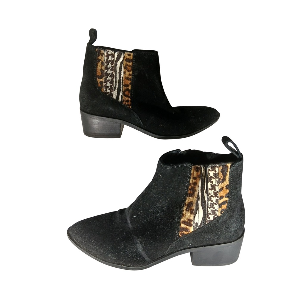 Crown Vintage Ankle Boots 7.5 Black Suede Mixed Animal Print Calf Hair Western